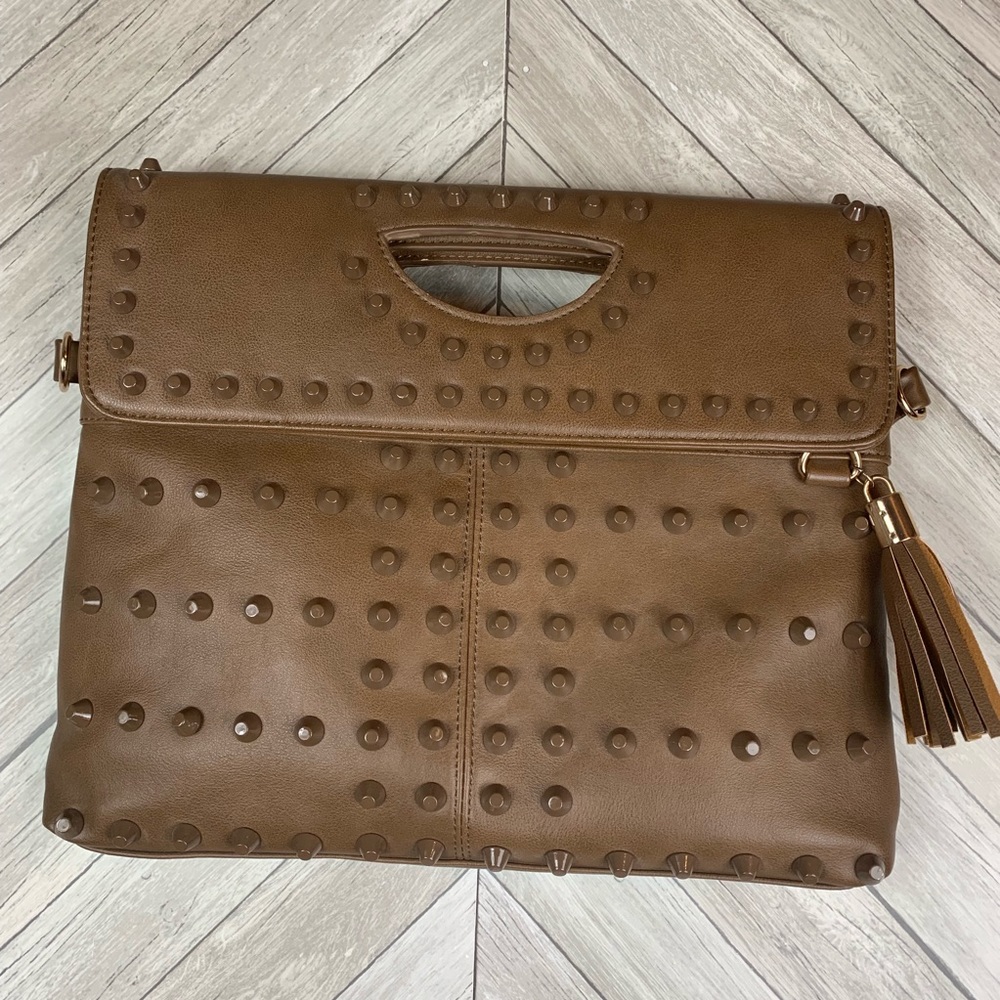 Camel color studded handbag